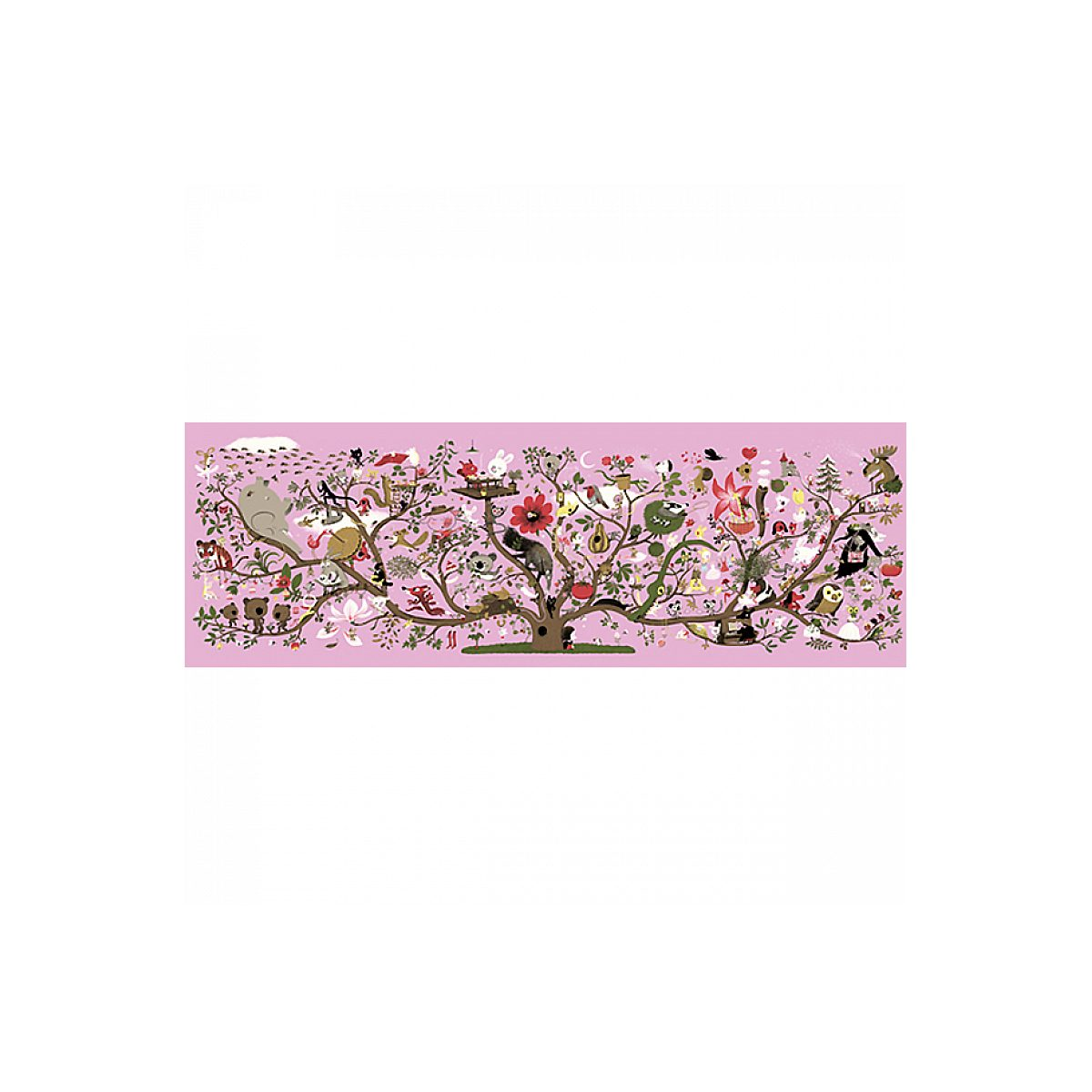 Eine detaillierte Illustration eines großen Baumes auf rosa Hintergrund, gefüllt mit süßen Tieren und skurrilen Details.