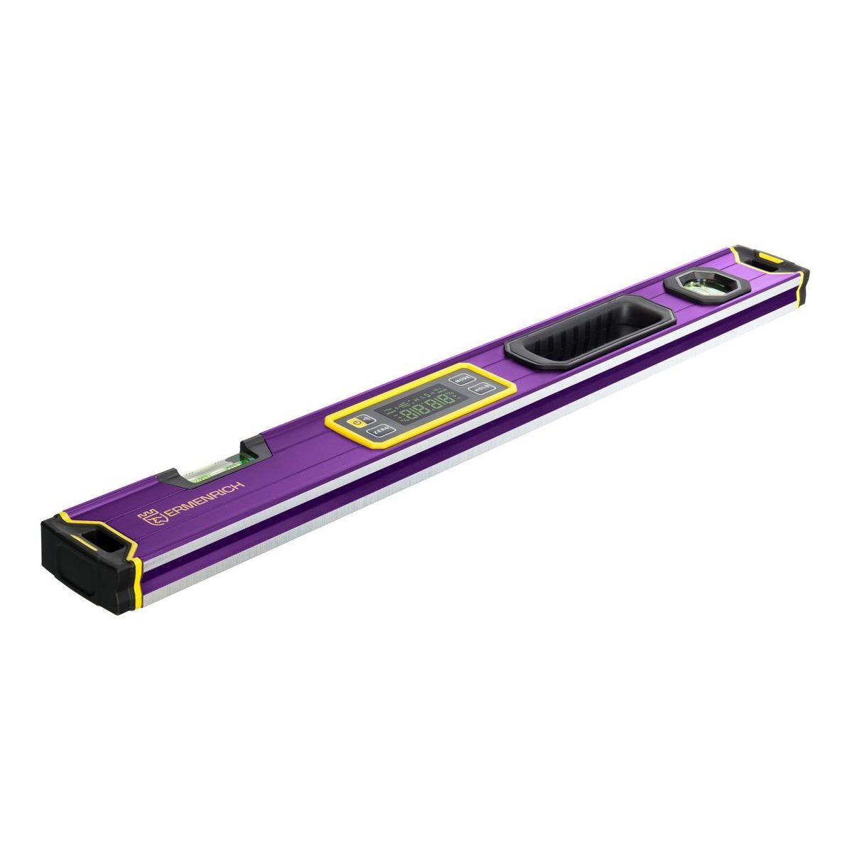 Eine lange, violette und schwarze digitale Wasserwaage mit Leuchten und einem Display auf einer weißen Oberfläche.