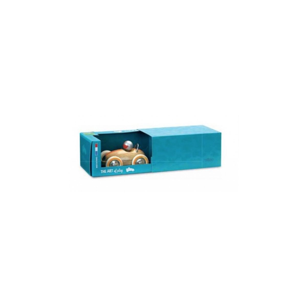 Ein kleines Holzspielzeugauto in einer blauen Geschenkbox mit der Aufschrift 'The Art of Play'.