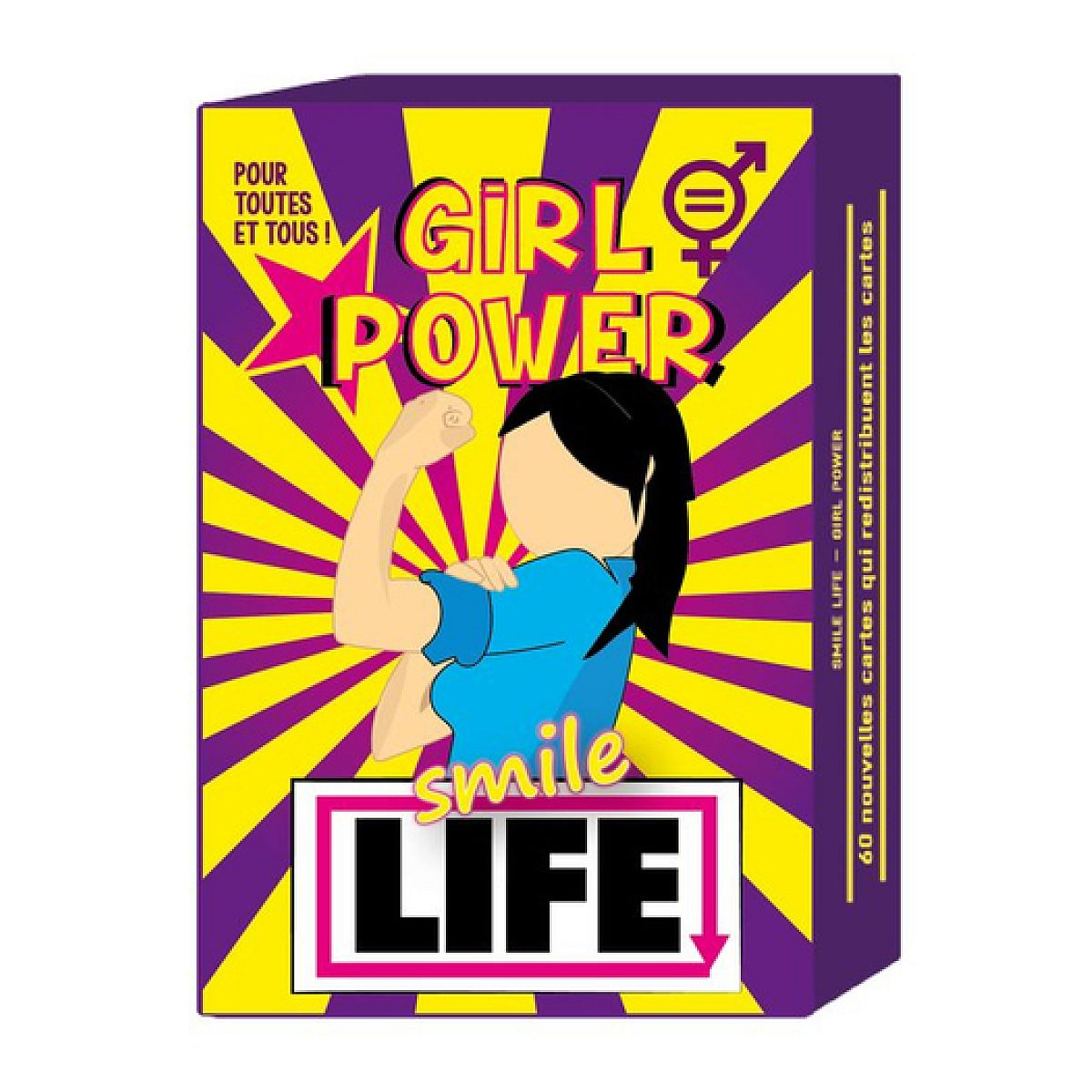 Spielverpackung von Smile Life Girl Power mit lila-gelbem Hintergrund und Frau, die Bizeps zeigt.