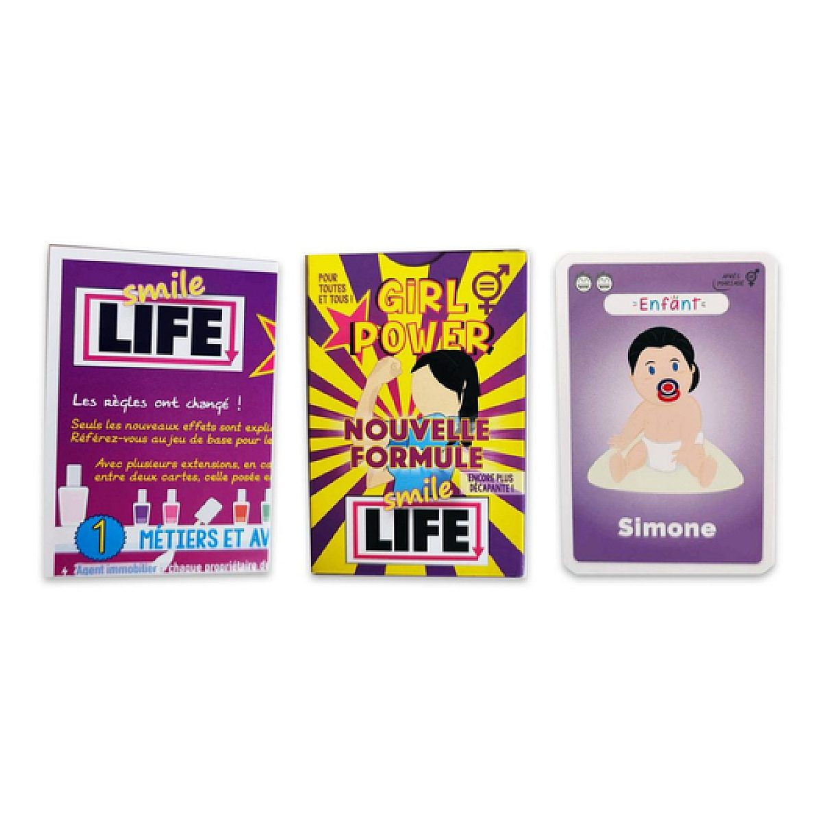 Drei Smile Life-Karten und eine Girl Power-Spielschachtel auf weißem Hintergrund.