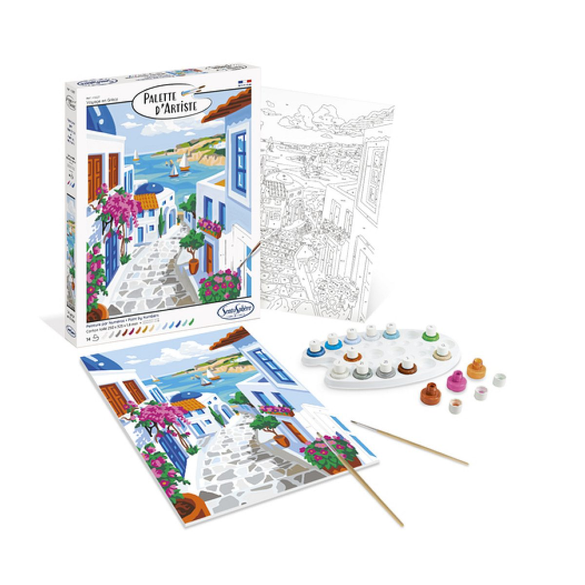 Malen-nach-Zahlen-Set mit Schachtel, Leinwand, Farbtöpfen, Palette und Pinseln zeigt griechische Küstenstadt.