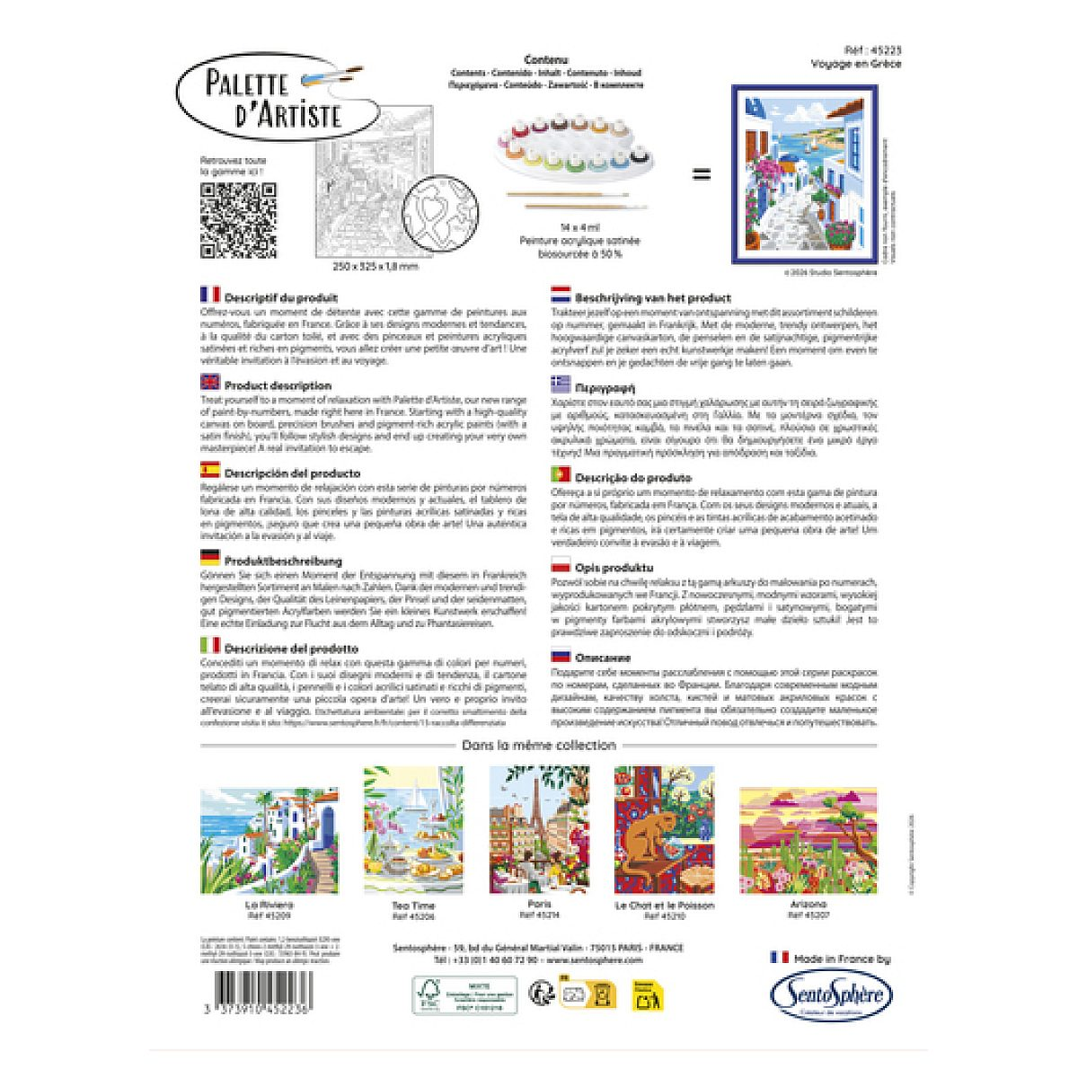 Produktverpackung eines Malen-nach-Zahlen-Sets mit mehrsprachiger Beschreibung, Farbpalette und Produktbeispielen.