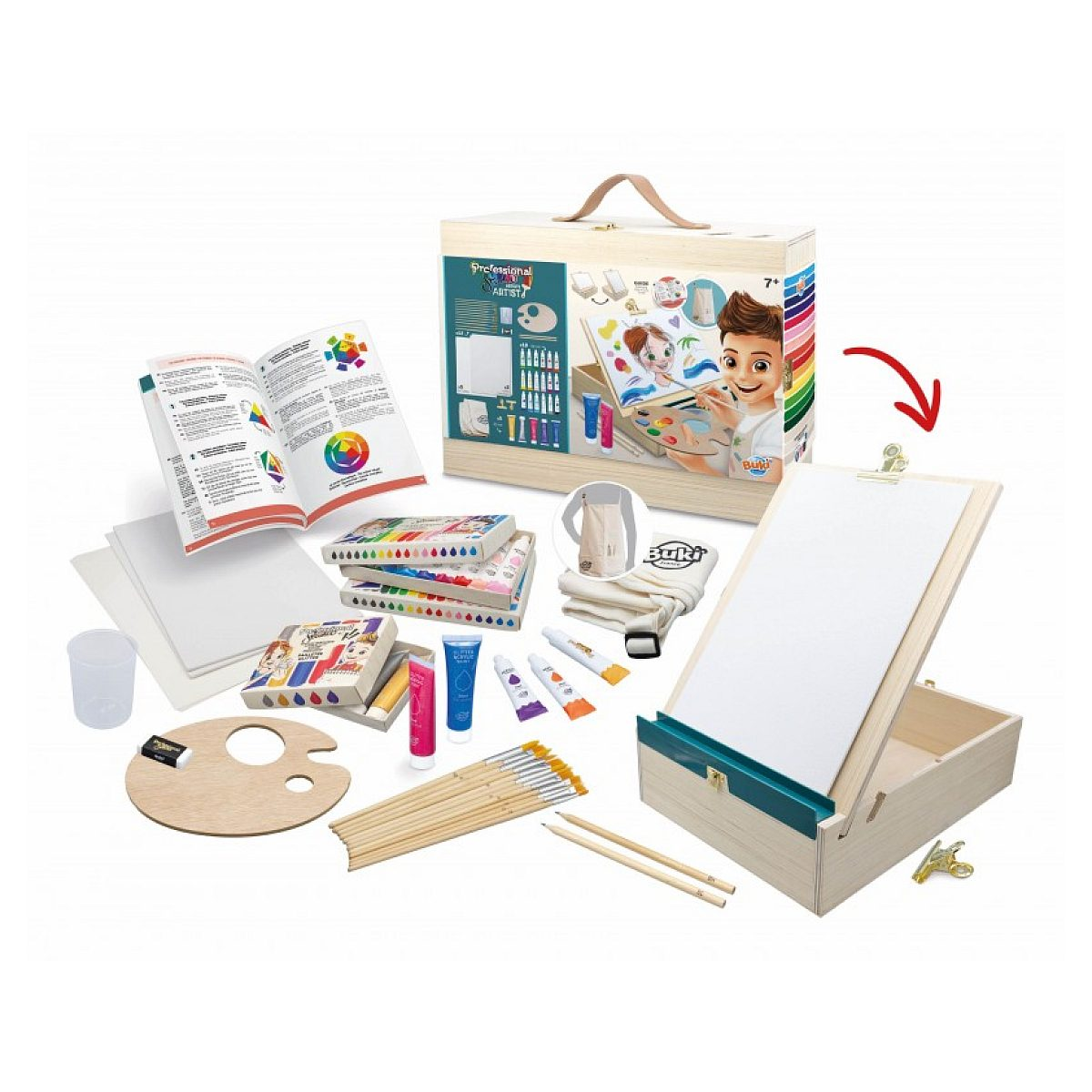 Kunstset mit Holzbox, Staffelei, Farben, Pinseln, Stiften und Zubehör.