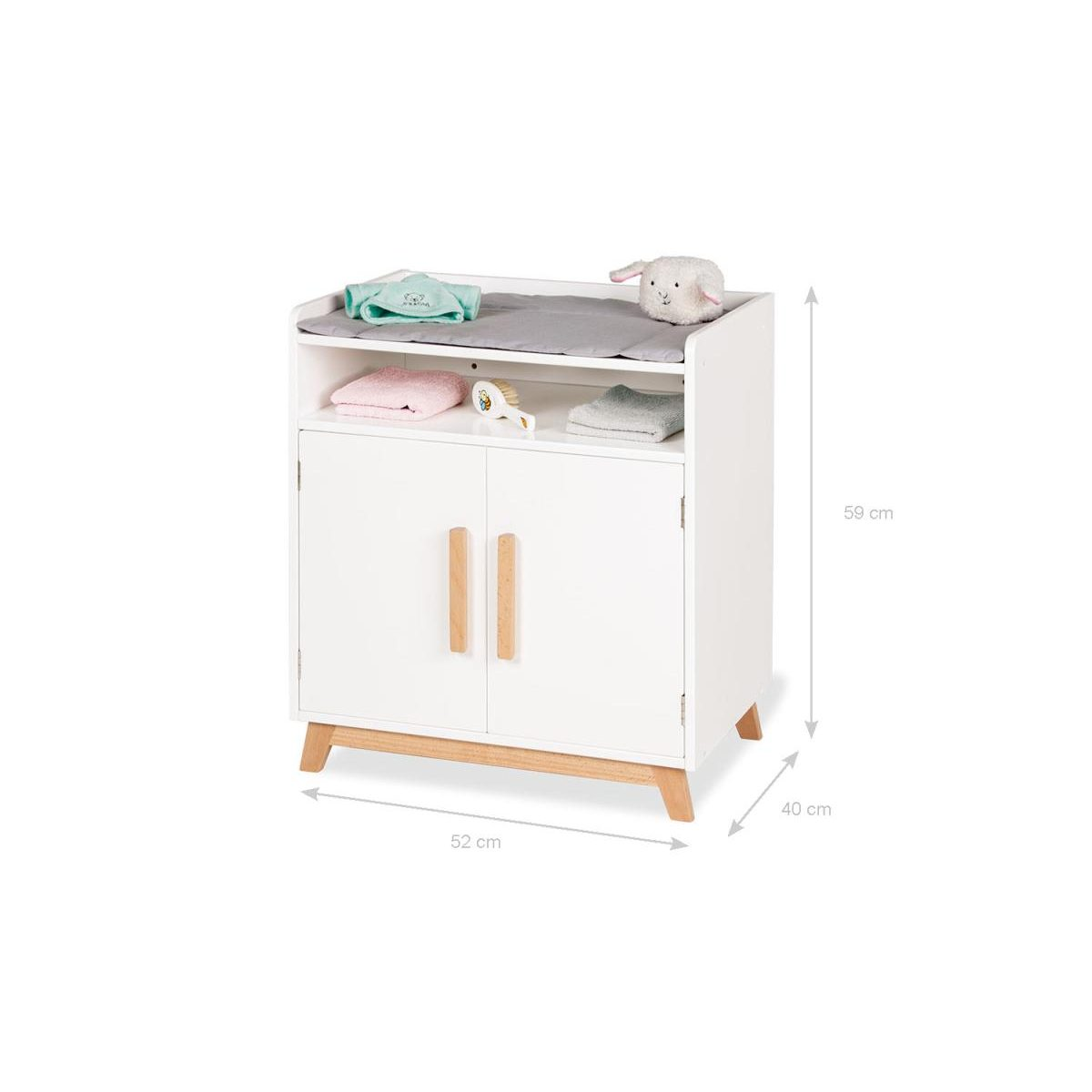 Weißer Wickeltisch mit Holzbeinen, Ablage und Schrank, Maße 52x40x59 cm.