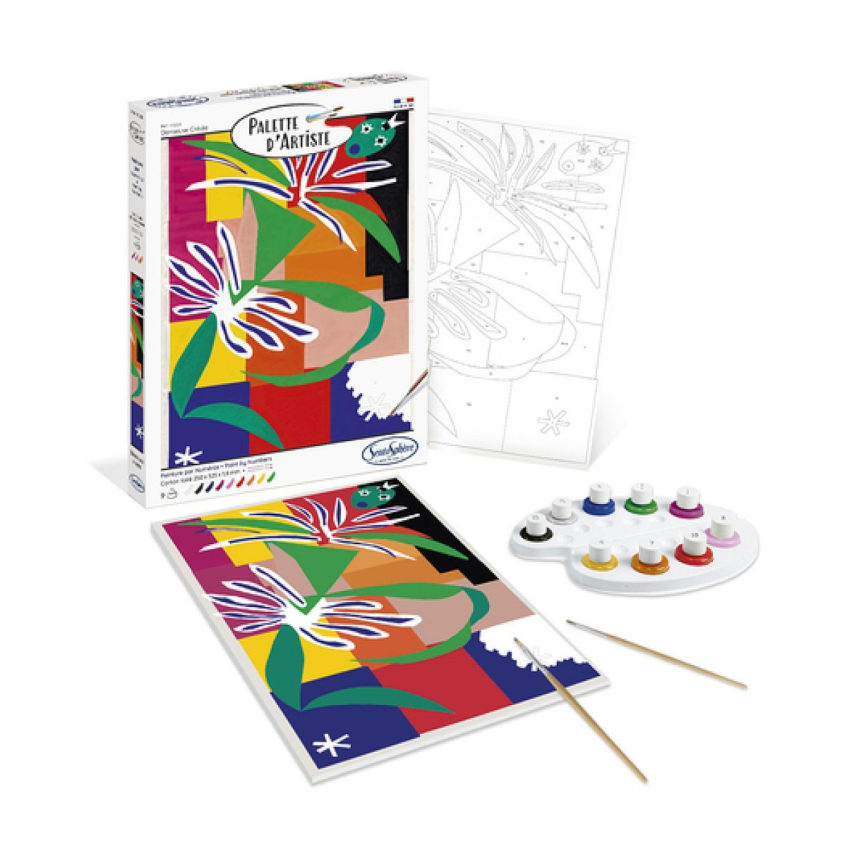 Ein Malen-nach-Zahlen-Set mit Box, Farbpalette, Pinseln und einer fertigen bunten Blumen-Leinwand.