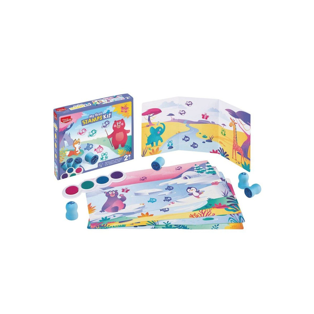 Ein Kinder-Stempelset mit bunten Tierkarten, Stempeln, Stempelkissen und einer illustrierten Box auf weißem Hintergrund.