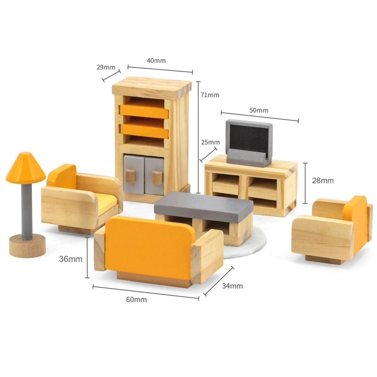 Miniatur-Wohnzimmermöbelset aus Holz mit Maßen.