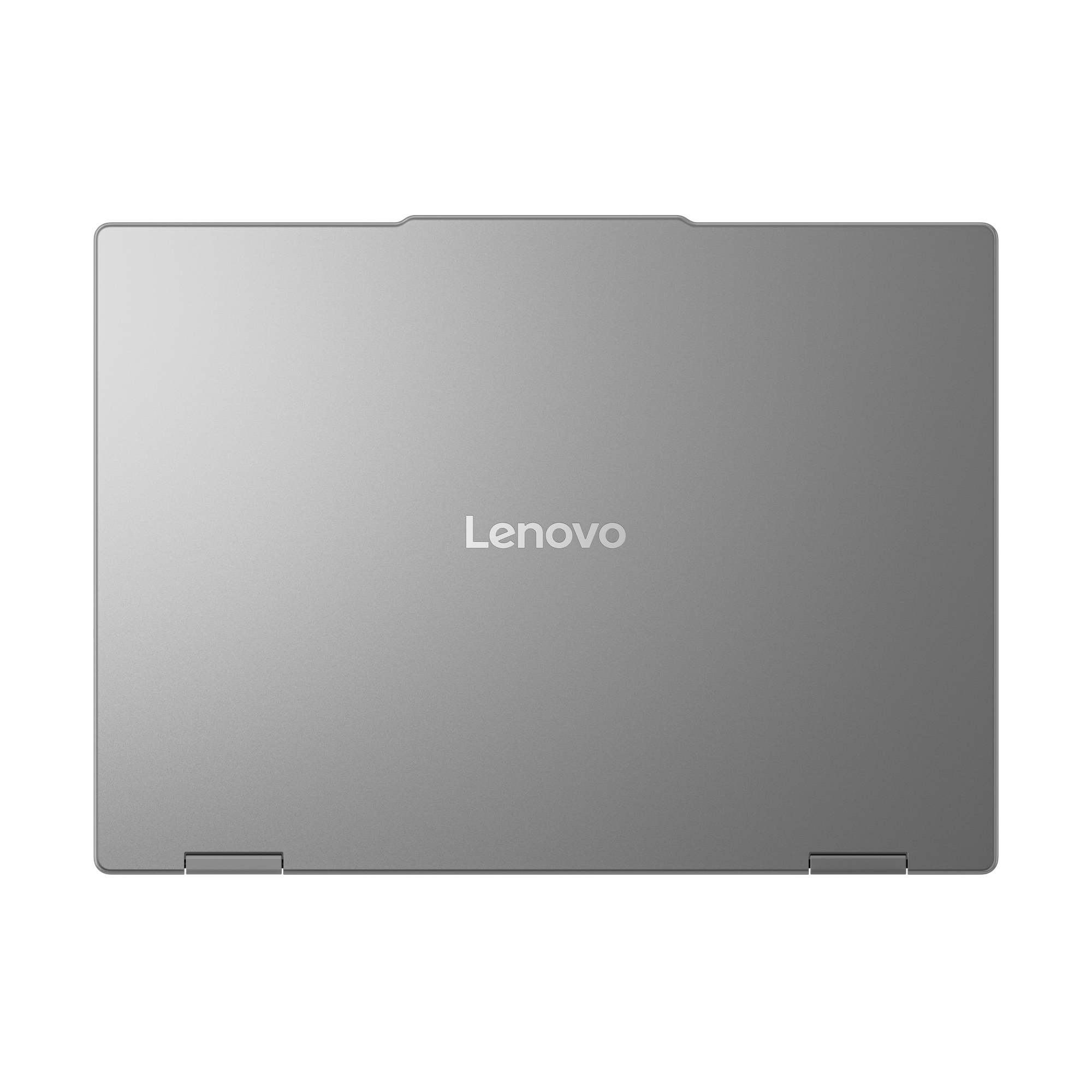 Zamknięta szara pokrywa laptopa Lenovo z wyśrodkowanym logo i dwoma zawiasami.