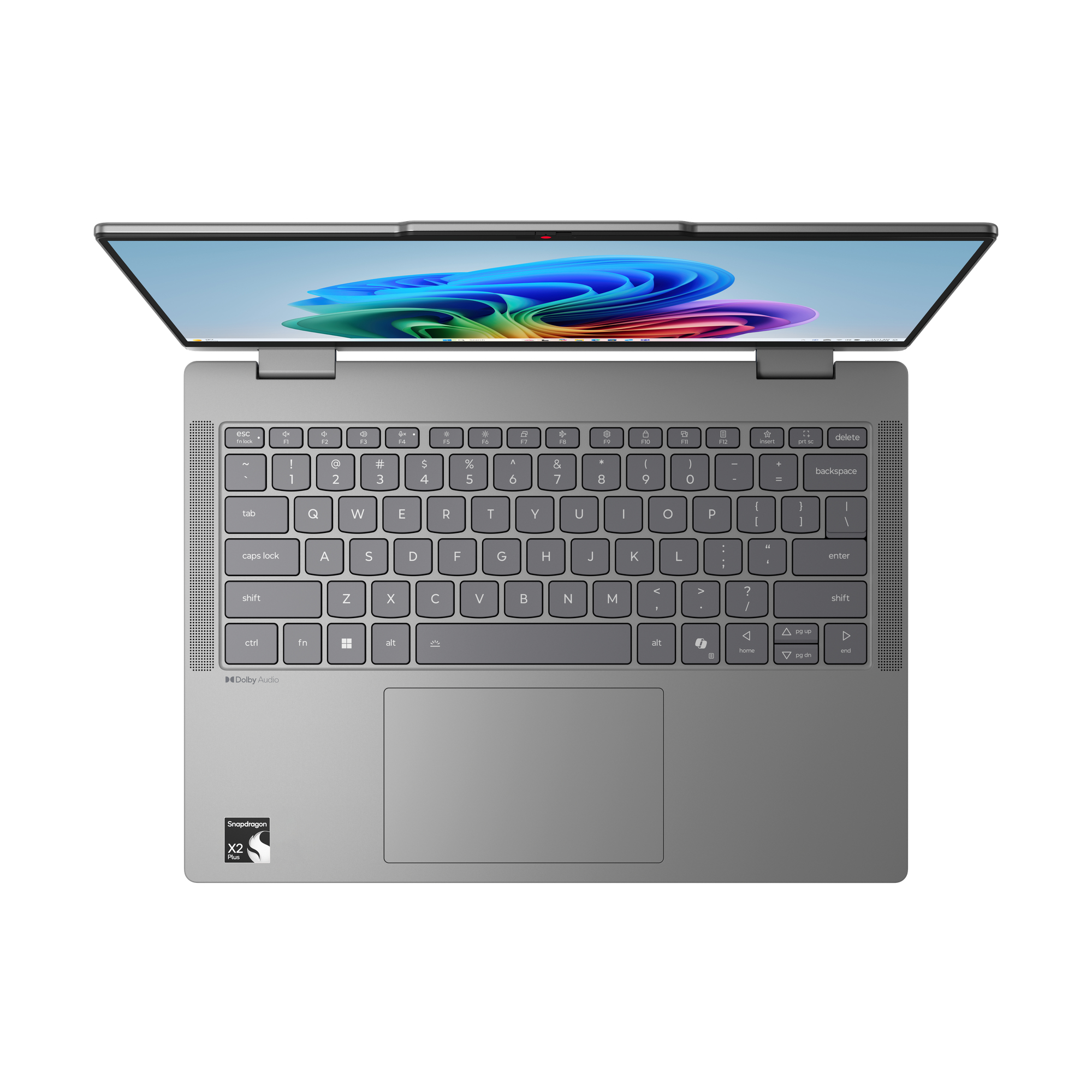 Widok z góry na szary laptop z podświetlanym ekranem i klawiaturą na białym tle.