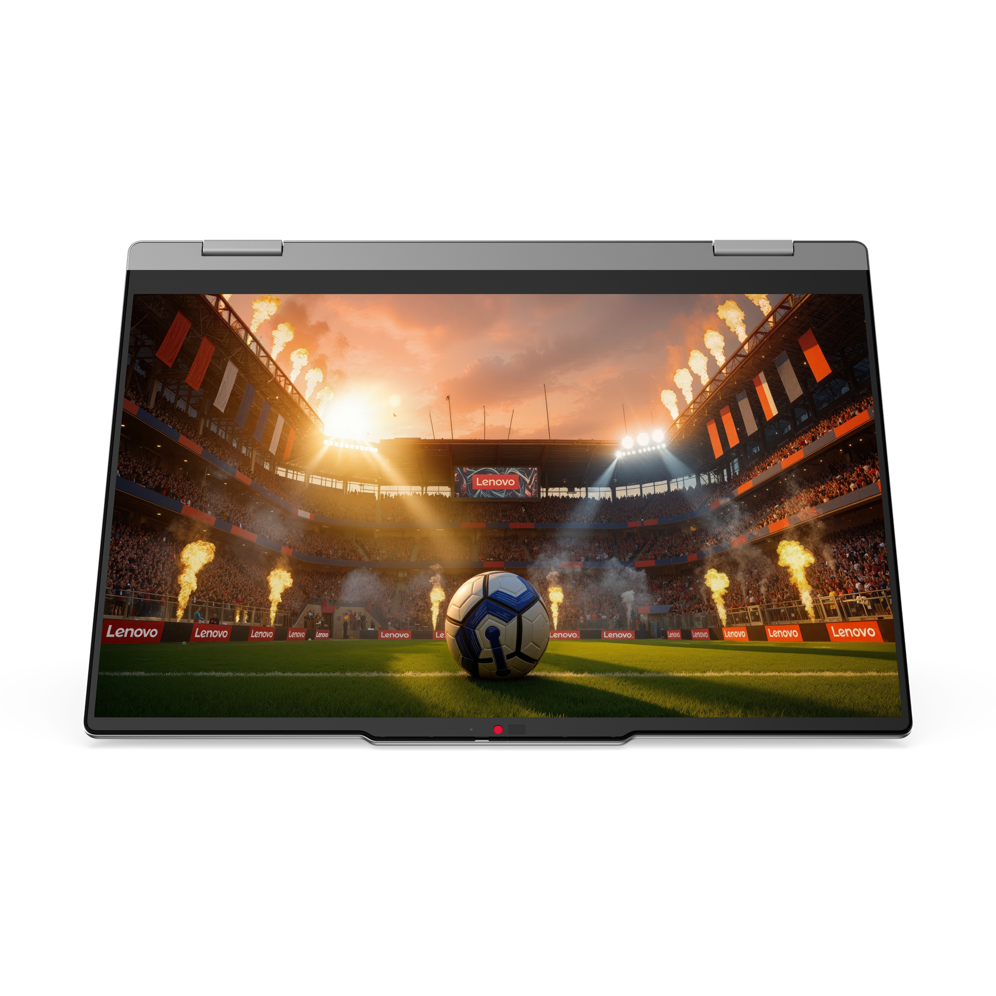 Ein Laptop zeigt einen Fußball auf einem Stadionfeld mit jubelnden Mengen und Flutlicht.