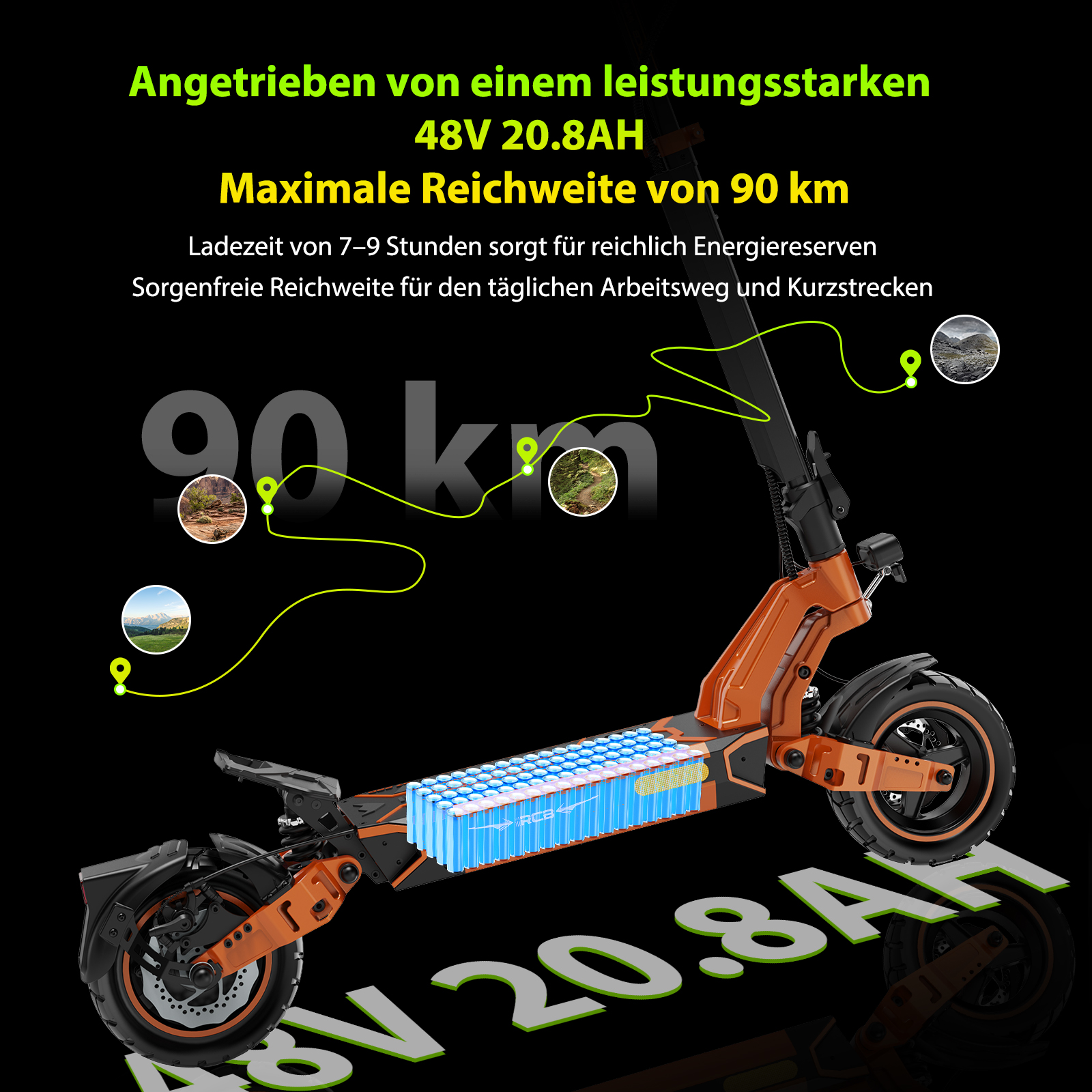 Oranger E-Scooter mit sichtbarem blauem Akku, Text und deutscher Beschriftung auf schwarzem Hintergrund.
