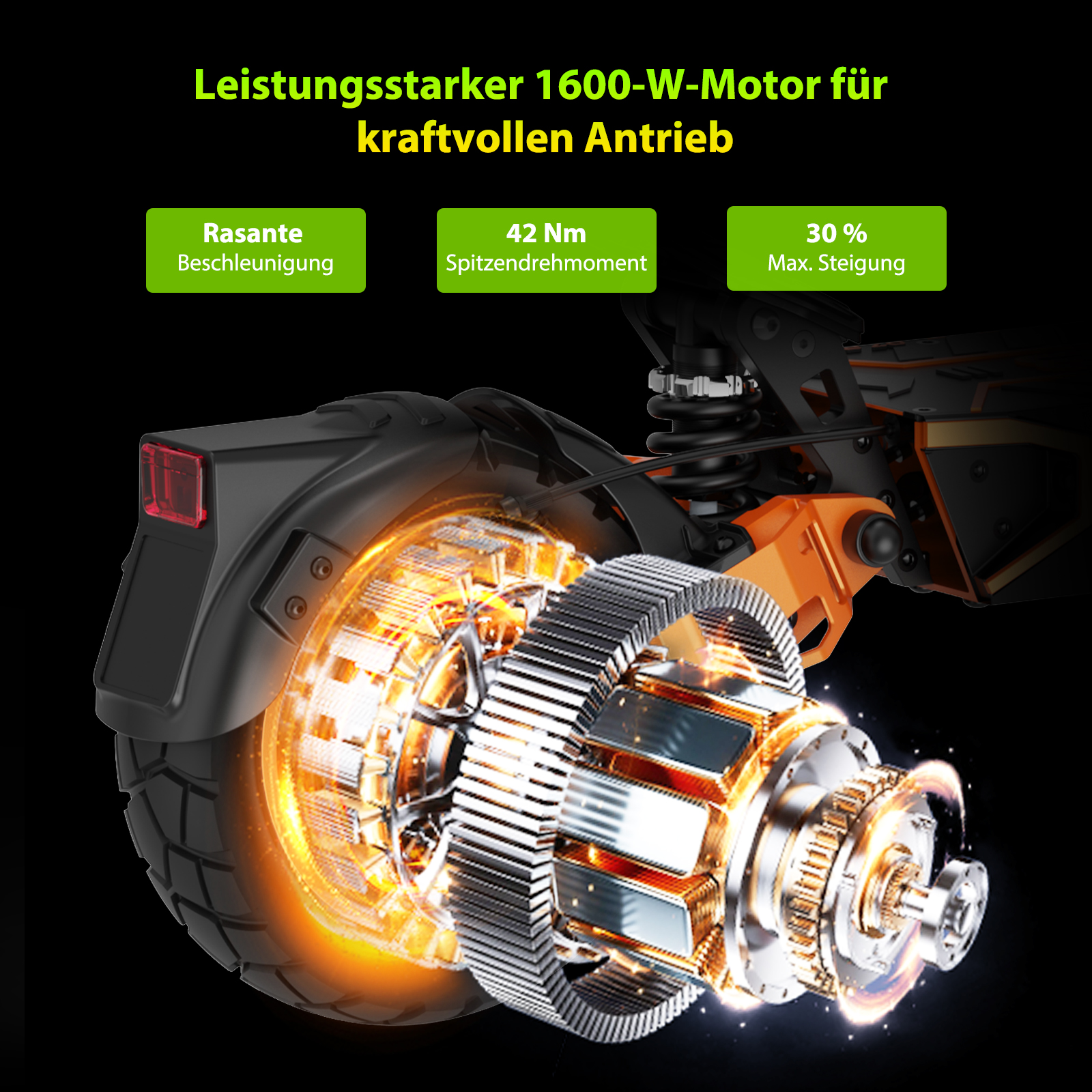 Explosionsdarstellung eines starken 1600-W-Motors eines E-Scooters mit Leistungsdetails.