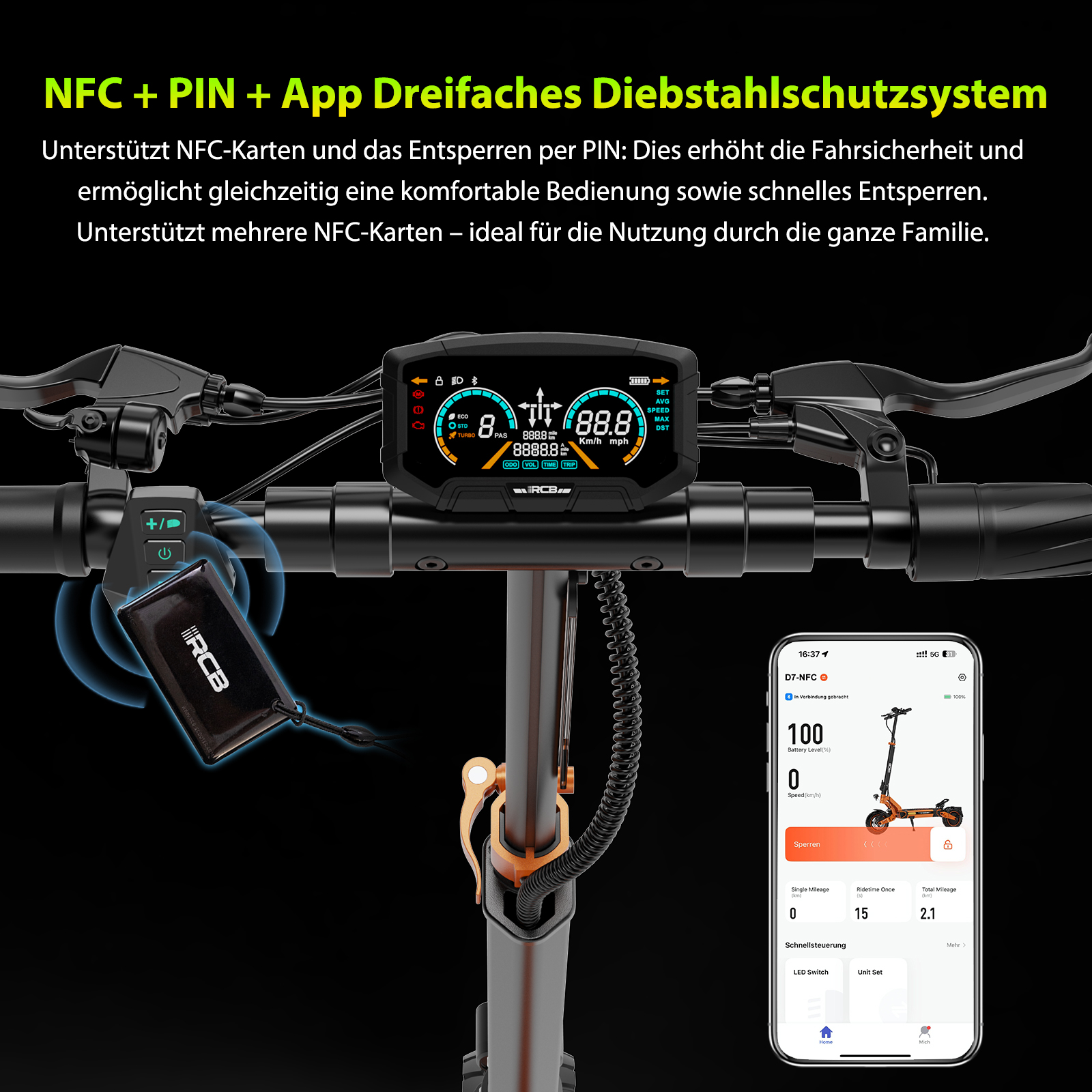 E-Scooter-Lenker mit Display, NFC-Karte und Smartphone-App zur Steuerung.