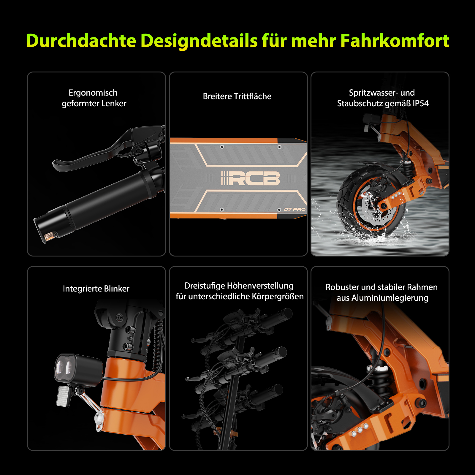 Sechs Bilder zeigen E-Scooter-Details wie Lenker, Trittbrett, Schutz, Blinker, Höhenverstellung und Rahmen.