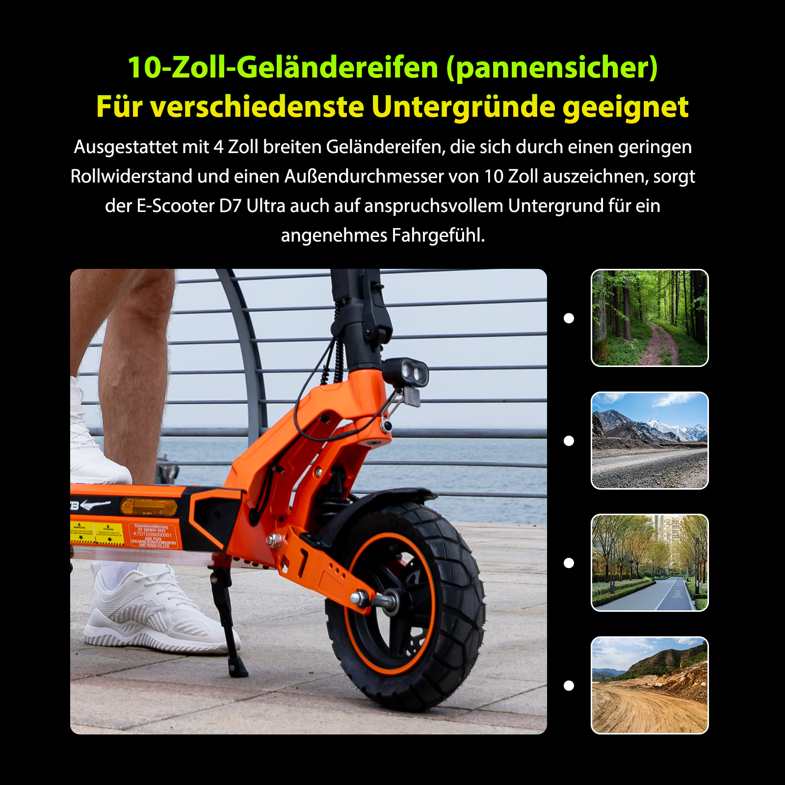 Ein oranger E-Scooter mit großen Reifen steht an einer Uferpromenade, daneben kleine Bilder verschiedener Gelände.