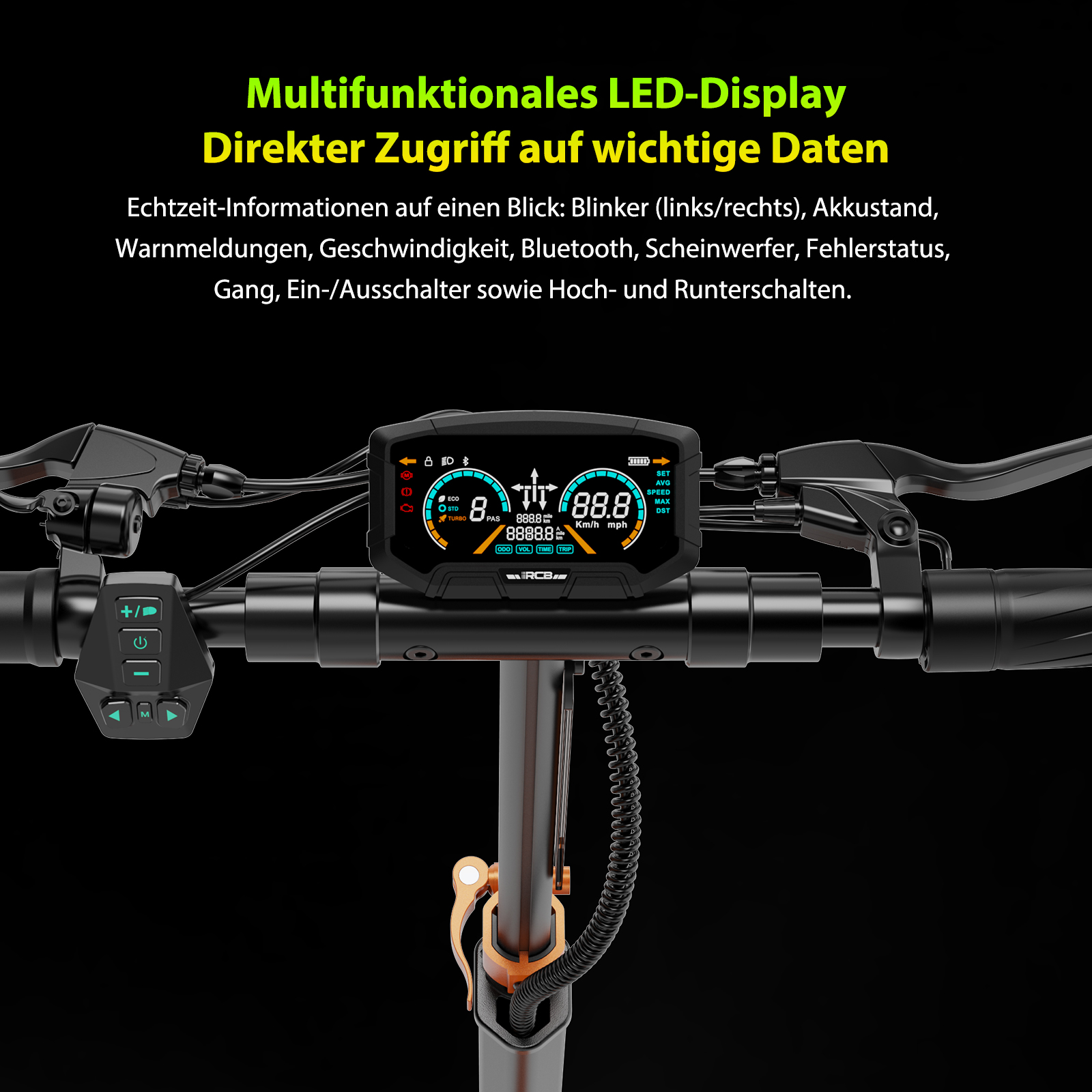 E-Scooter-Lenker mit Multifunktions-LED-Display, Bremshebeln und Steuerknöpfen auf schwarzem Hintergrund.