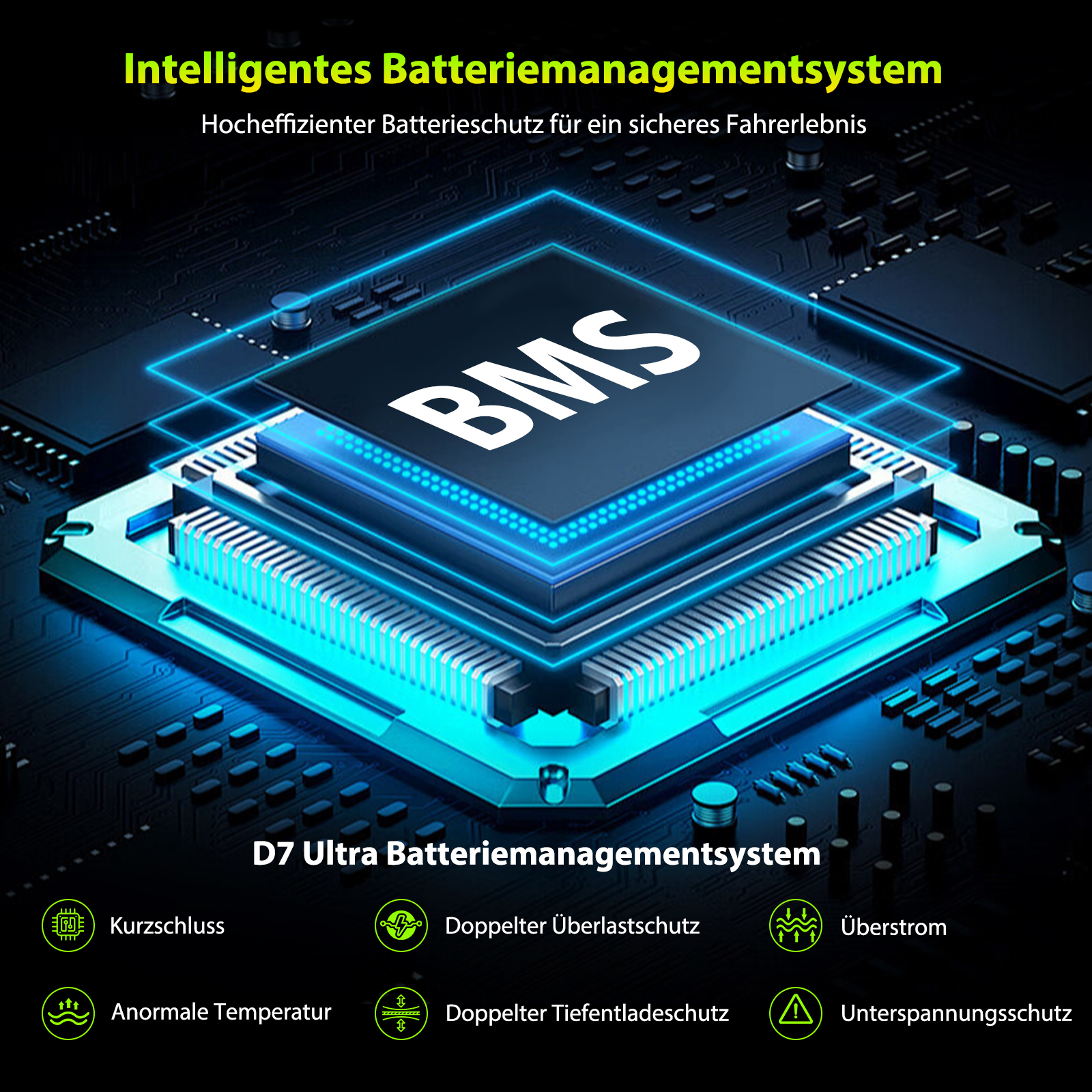 Ein blau leuchtender BMS-Mikrochip auf einer schwarzen Leiterplatte mit Sicherheitsmerkmalen.