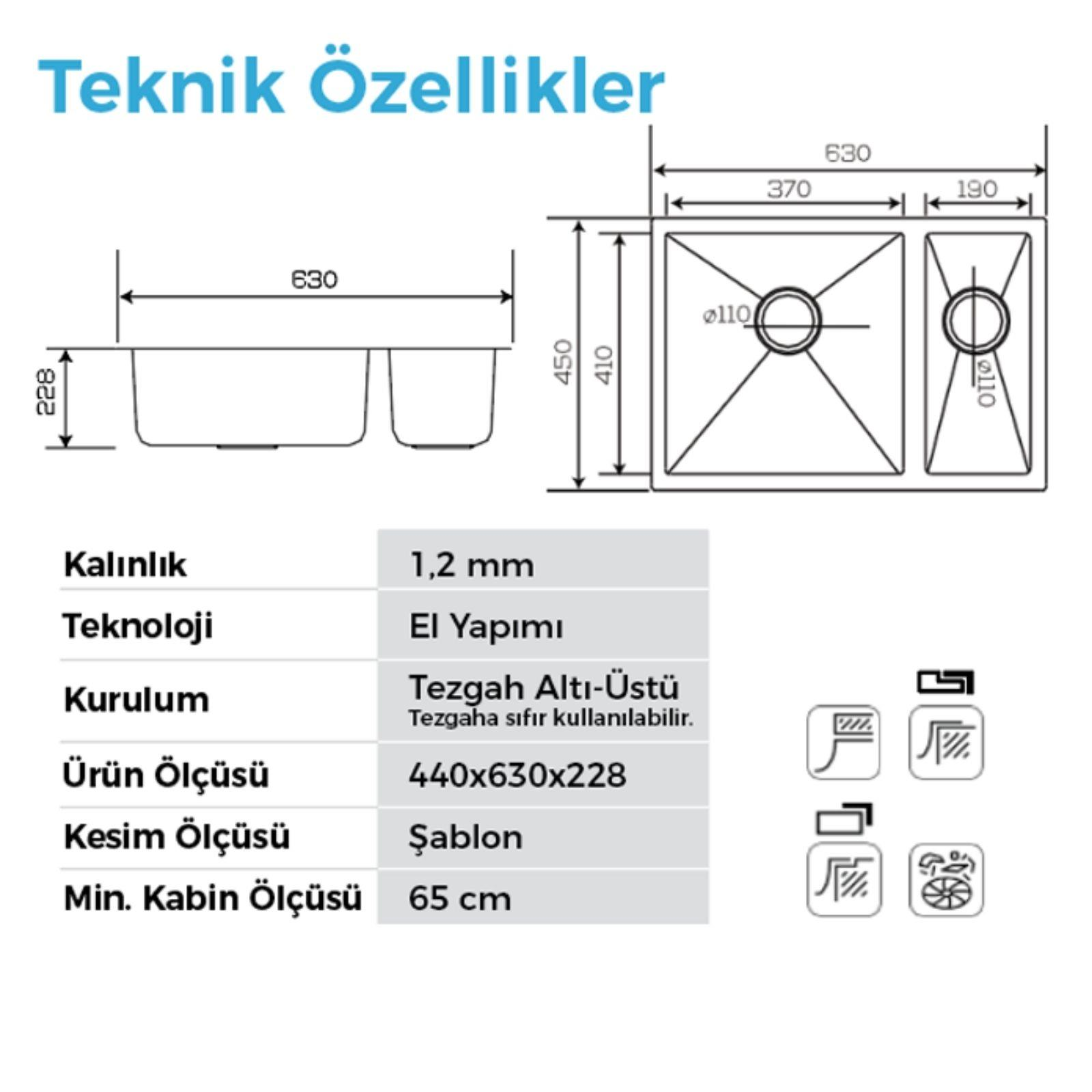 Ölçüleri ve teknik özellikleri verilen eviye çizimi.