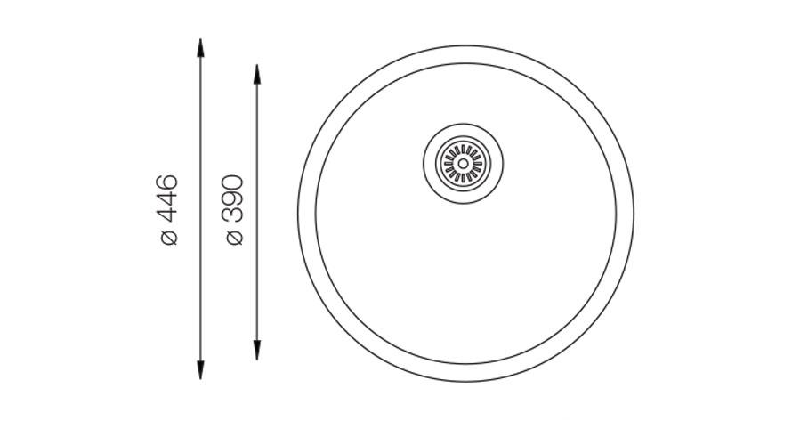 446 mm ve 390 mm ölçülerinde dairesel bir evyenin teknik çizimi.