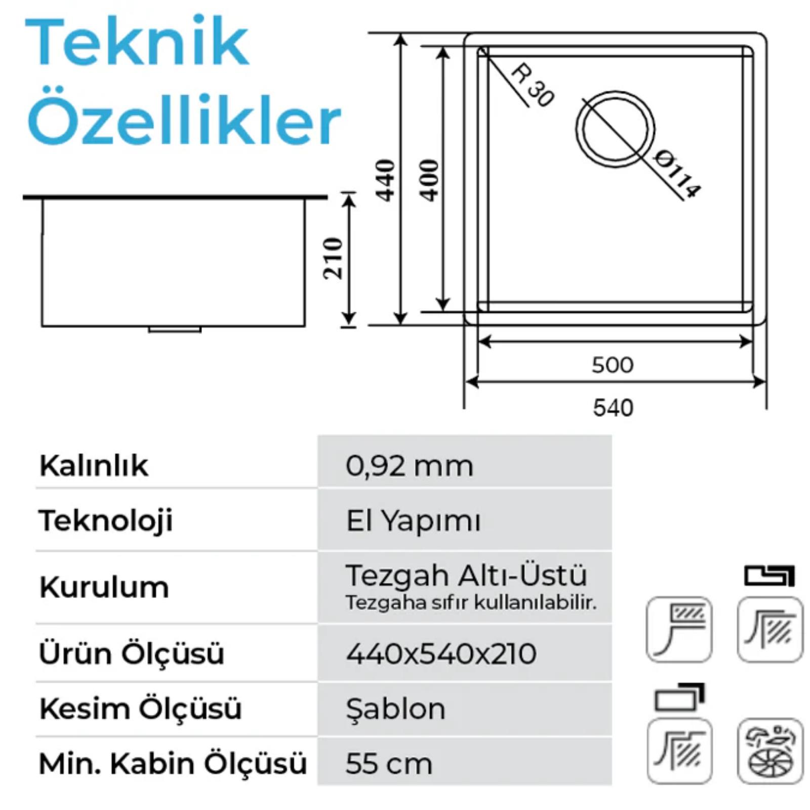 Ölçüleri, kalınlığı ve montaj detayları ile bir evyenin teknik resmi ve teknik özellikleri.