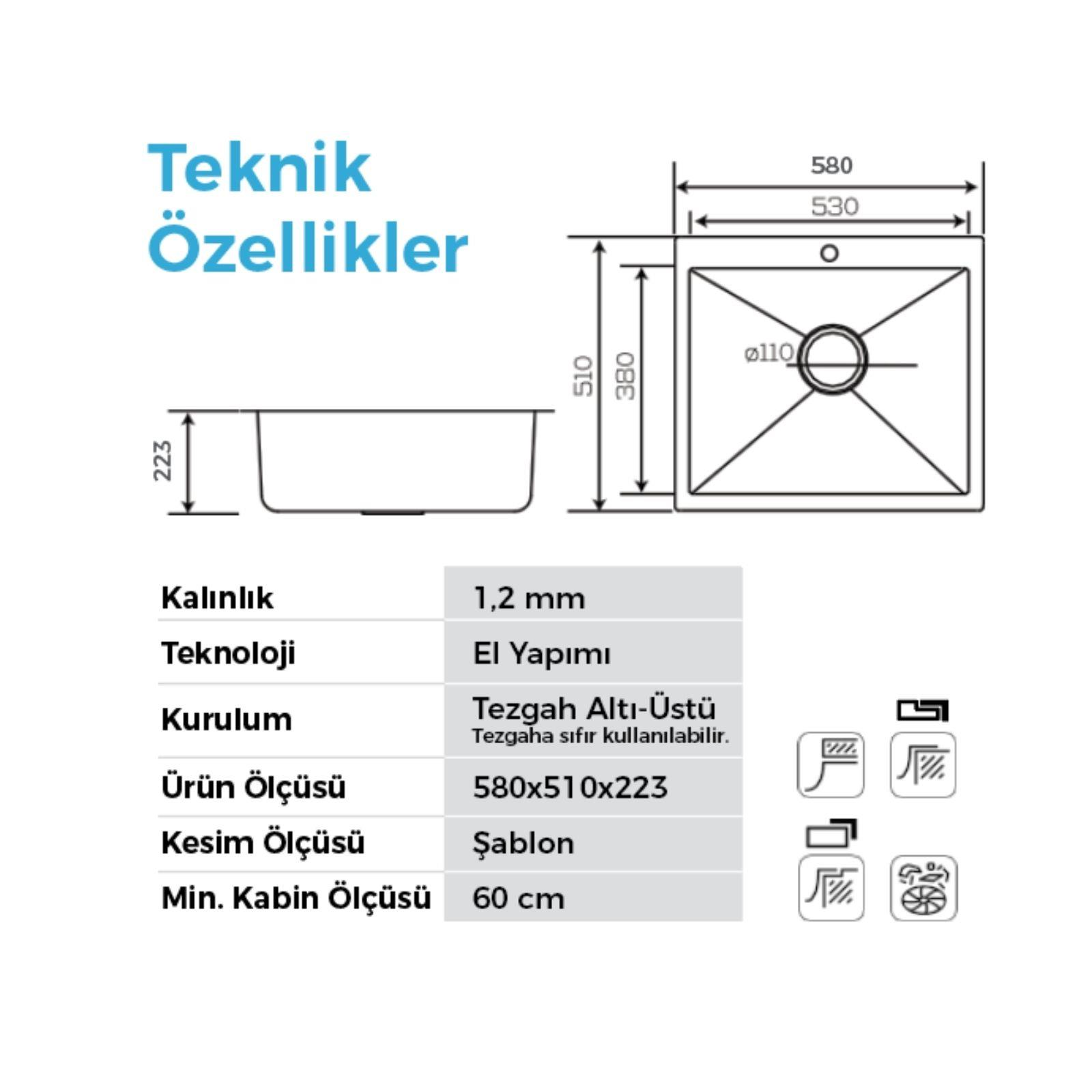 Ölçüleri, teknik özellikleri ve simgeleri olan bir evyenin teknik çizimi.