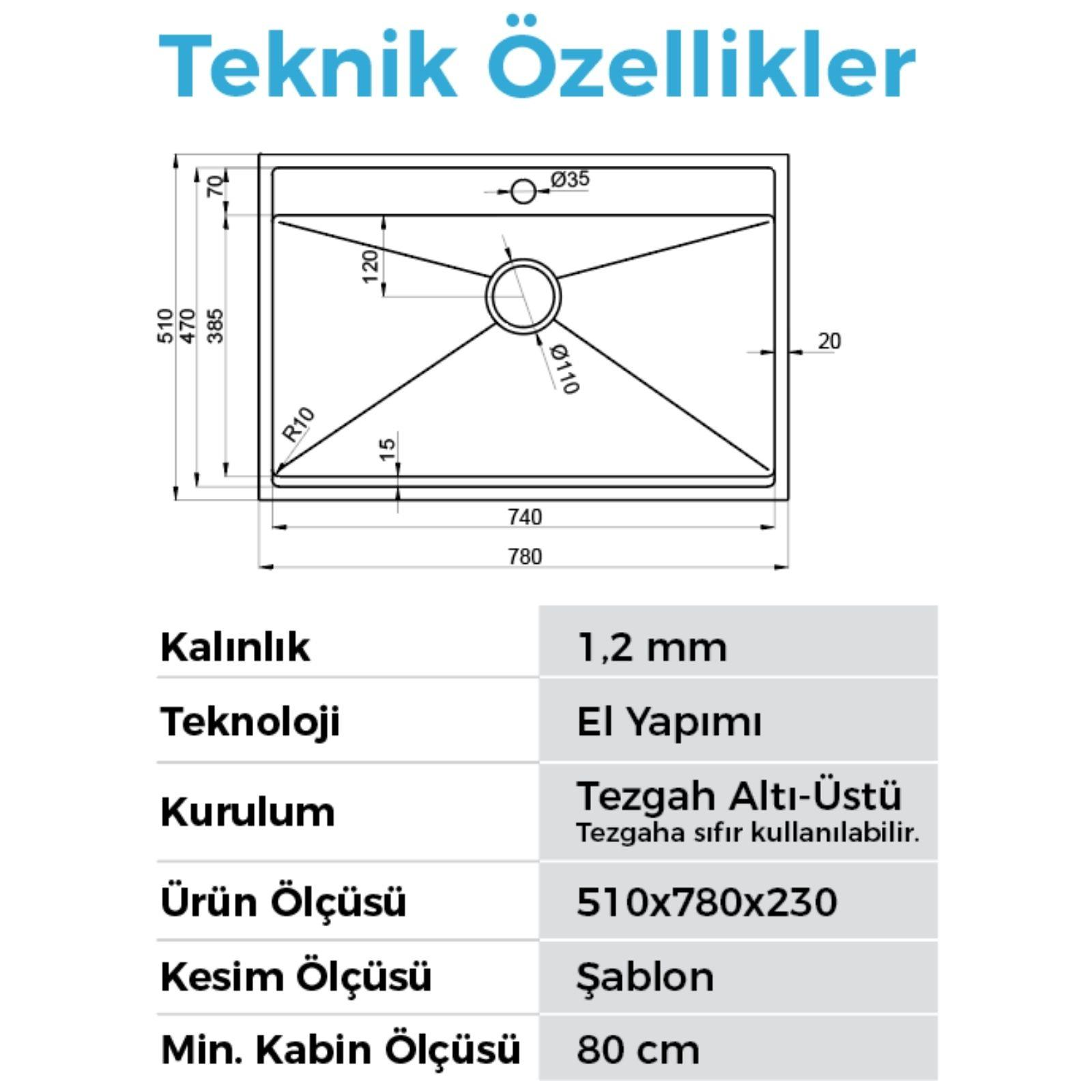 Ölçüleri ve teknik özellikleri gösteren evye teknik çizimi.