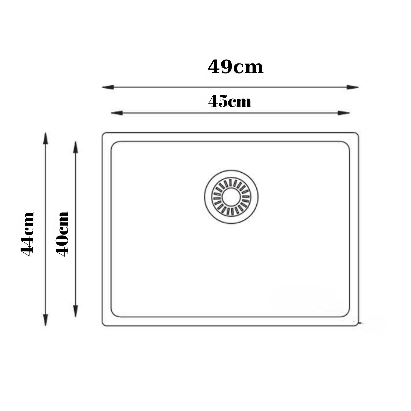 49cm x 44cm ölçülerinde bir mutfak eviyesi kat planının teknik çizimi.