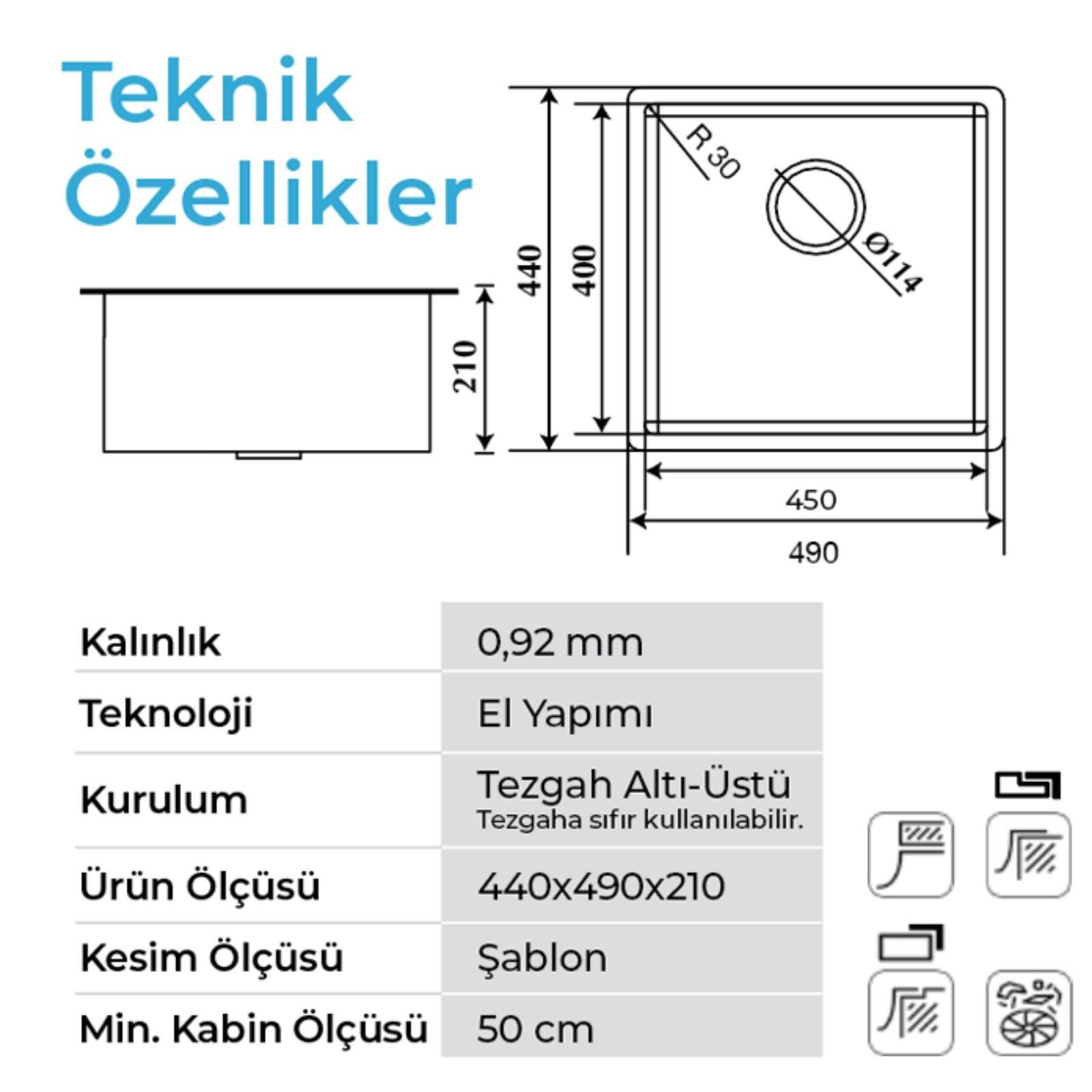 Ölçüleri ve detayları verilen kare eviyenin teknik resmi ve özellikleri.