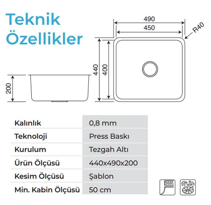 Ölçüleri ve teknik özellikleri bir tabloda yer alan dikdörtgen evyenin teknik çizimi.