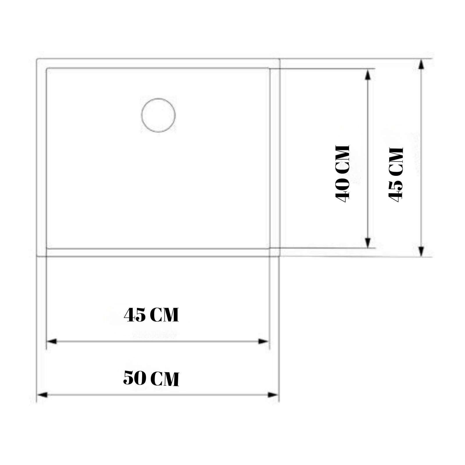 50x45 cm boyutlarında bir evyenin teknik çizimi.