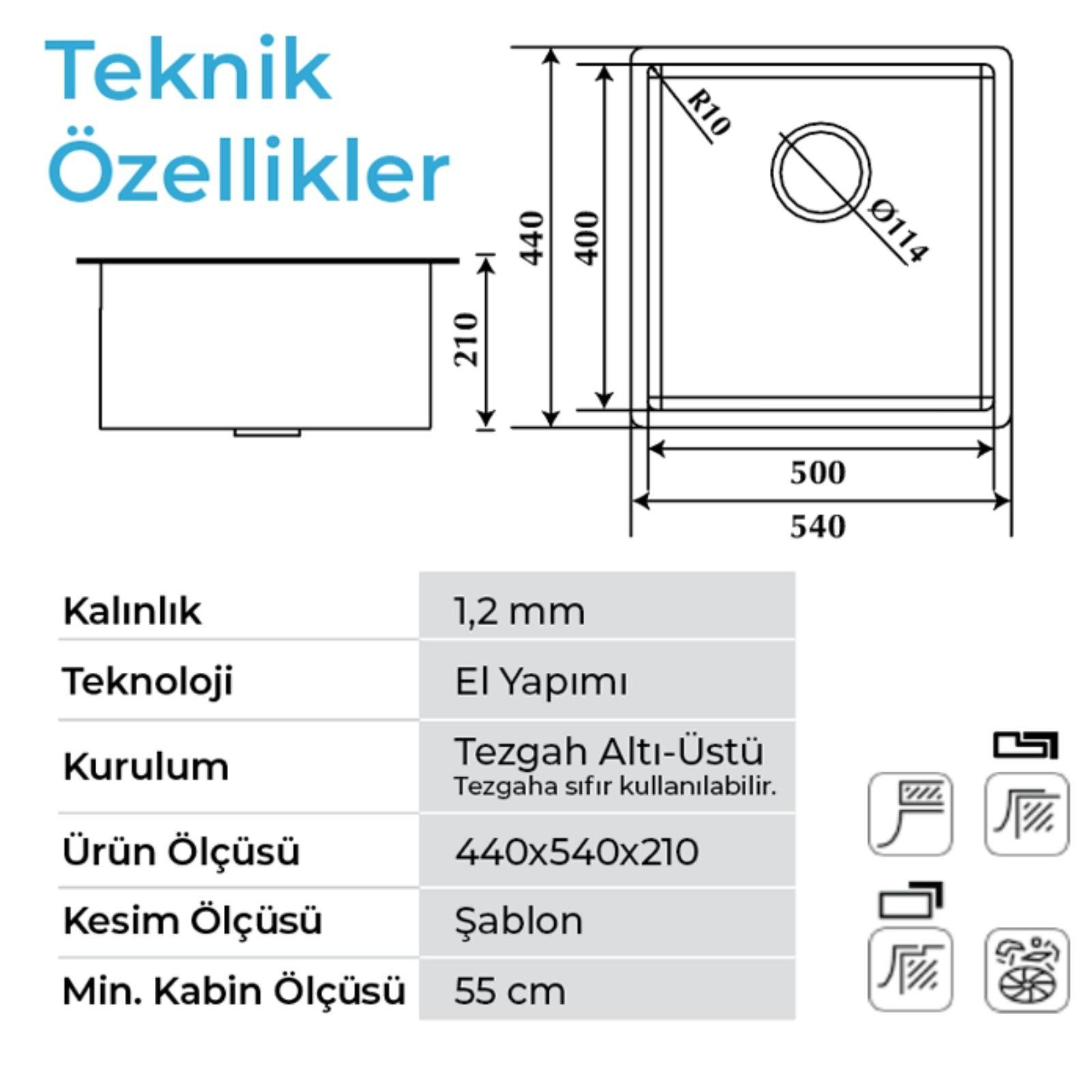 Ölçüleri ve simgeleri olan kare evyenin teknik çizimi ve özellikleri.