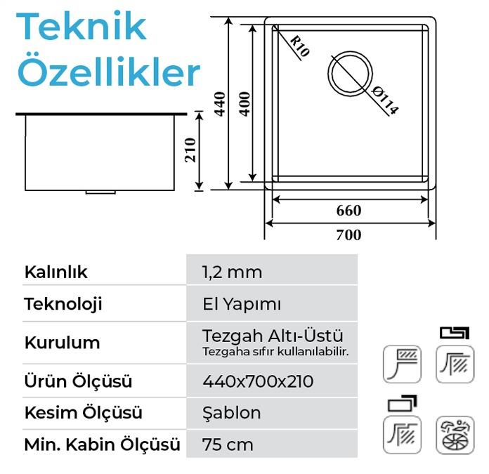 Ölçüleri ve teknik özellikleri ile bir mutfak evyesinin teknik resmi.