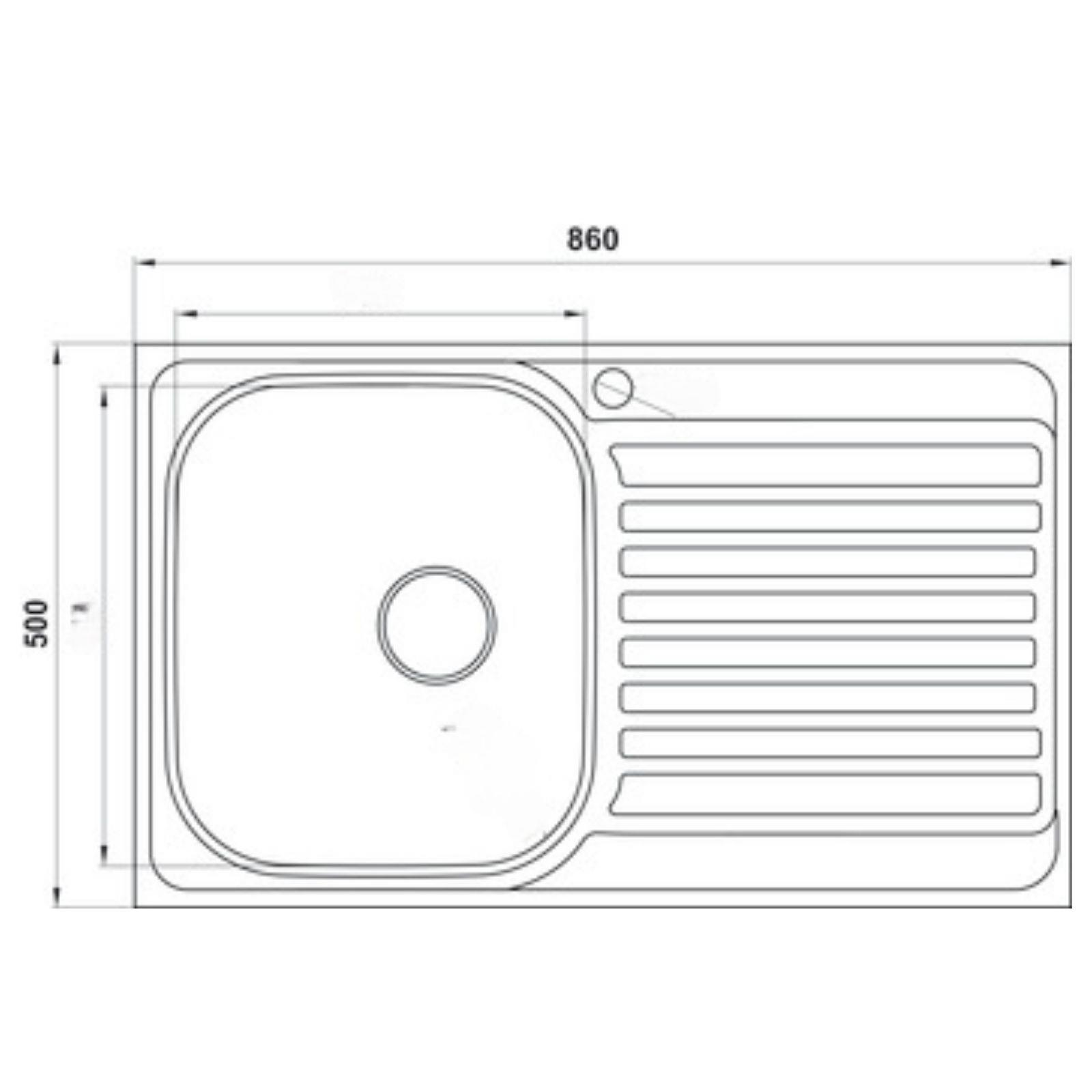 860x500 mm ölçülerinde, damlalıklı ve hazveli bir mutfak evyesinin teknik çizimi.
