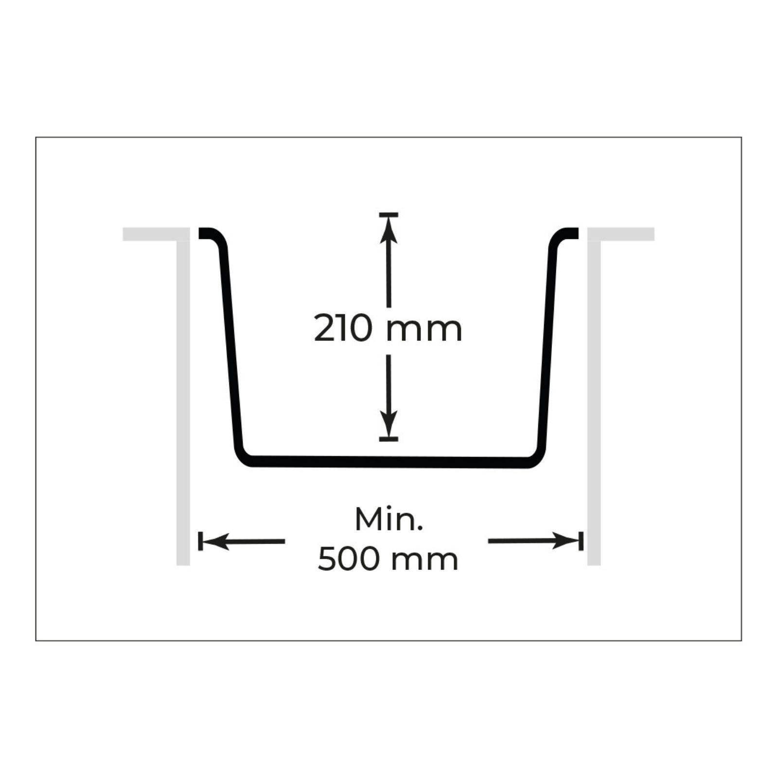 Ölçüleri gösteren evye teknik çizimi: 210 mm derinlik ve minimum 500 mm genişlik.