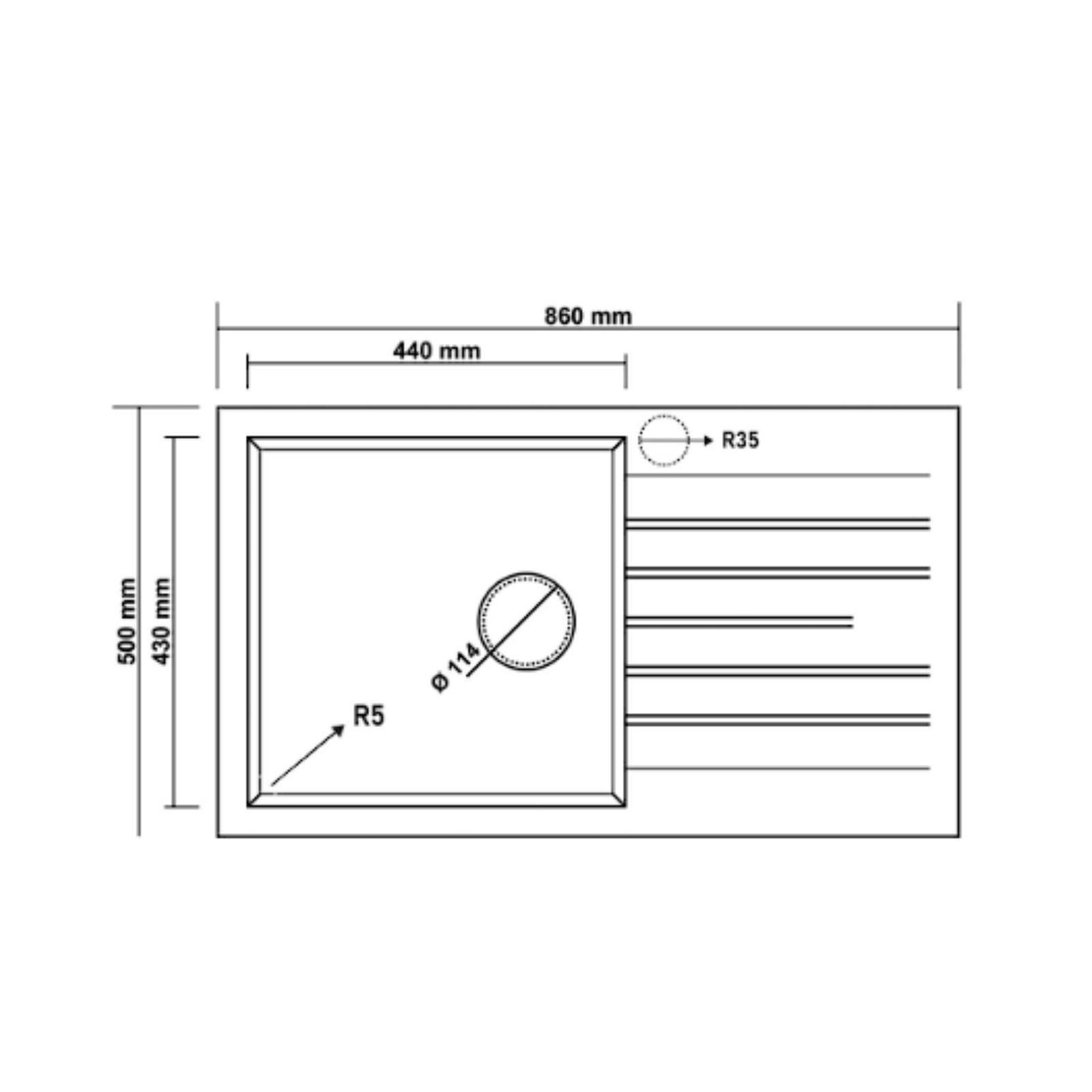 Ölçüleri 860x500 mm, haznesi 440x430 mm ve R5 köşeleri olan evyenin teknik resmi.