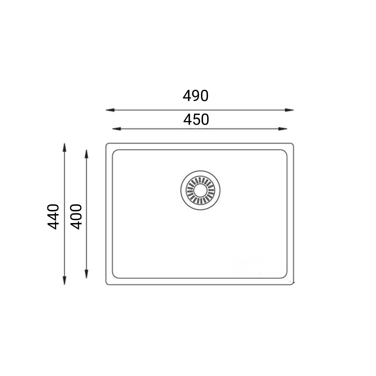 490x440 ve 450x400 mm ölçülerinde dikdörtgen bir evyenin teknik çizimi.
