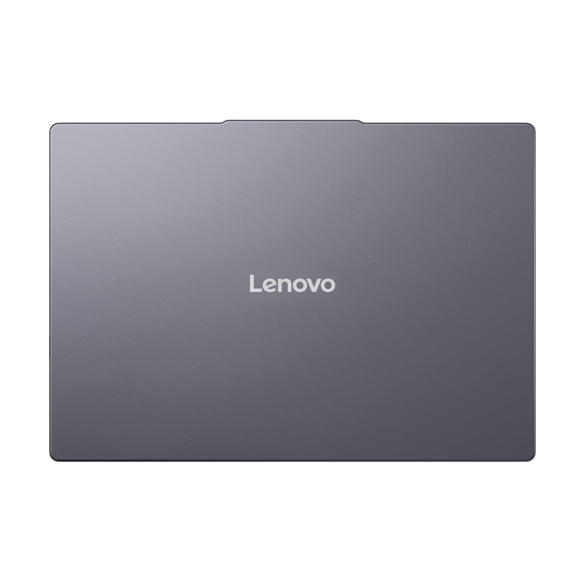 Portátil gris Lenovo cerrado sobre fondo negro.