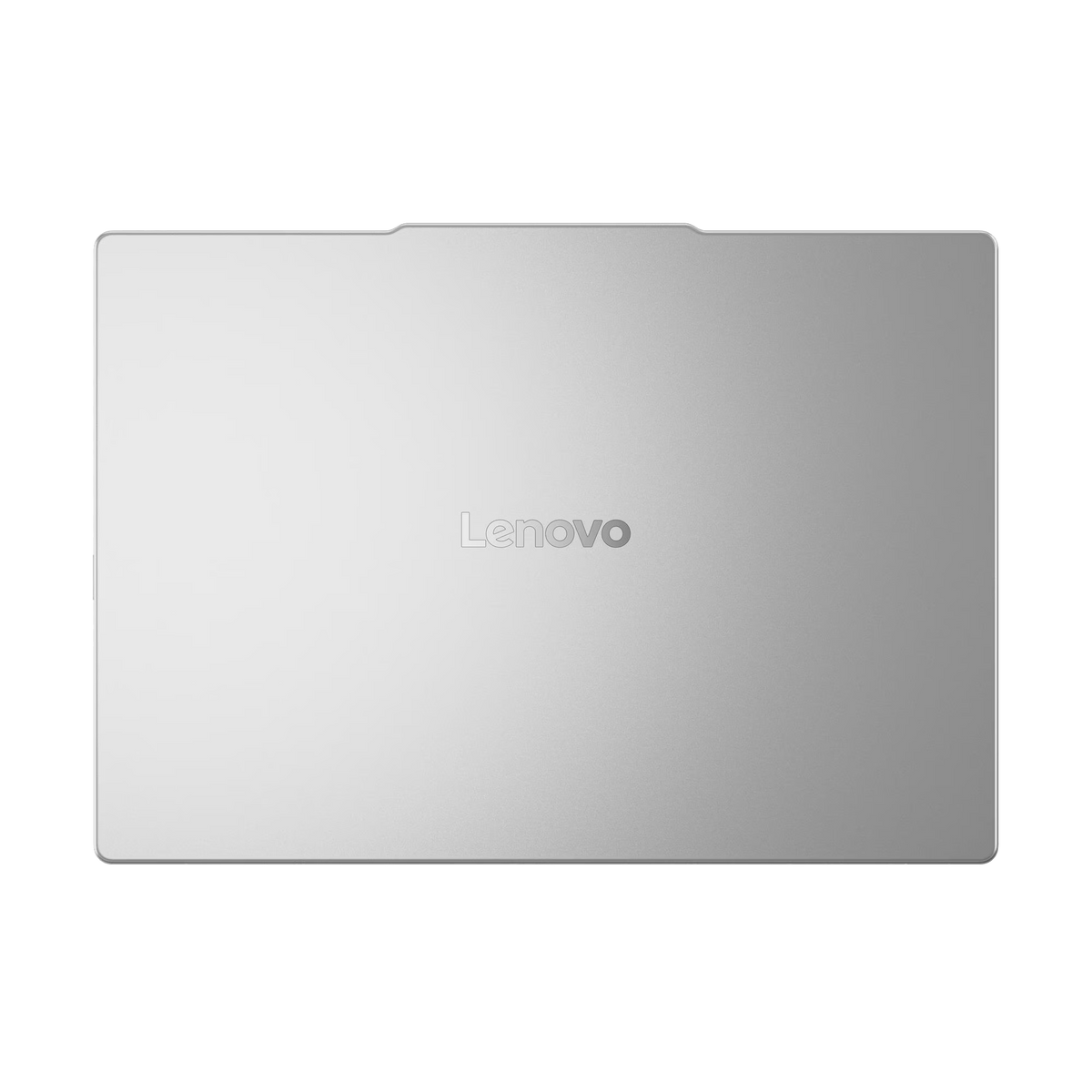 Una tapa de portátil Lenovo plateada sobre fondo negro.