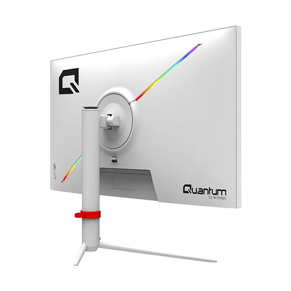 Beyaz arka planda RGB aydınlatma şeritlerine ve tripod standına sahip beyaz bir Quantum monitörün arkadan görünümü.