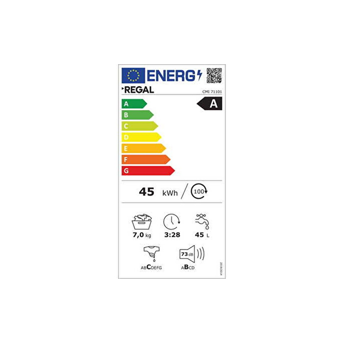 Regal enerji verimliliği etiketi A sınıfı, 45 kWh tüketim, 7,0 kg kapasite ve 73 dB ses.