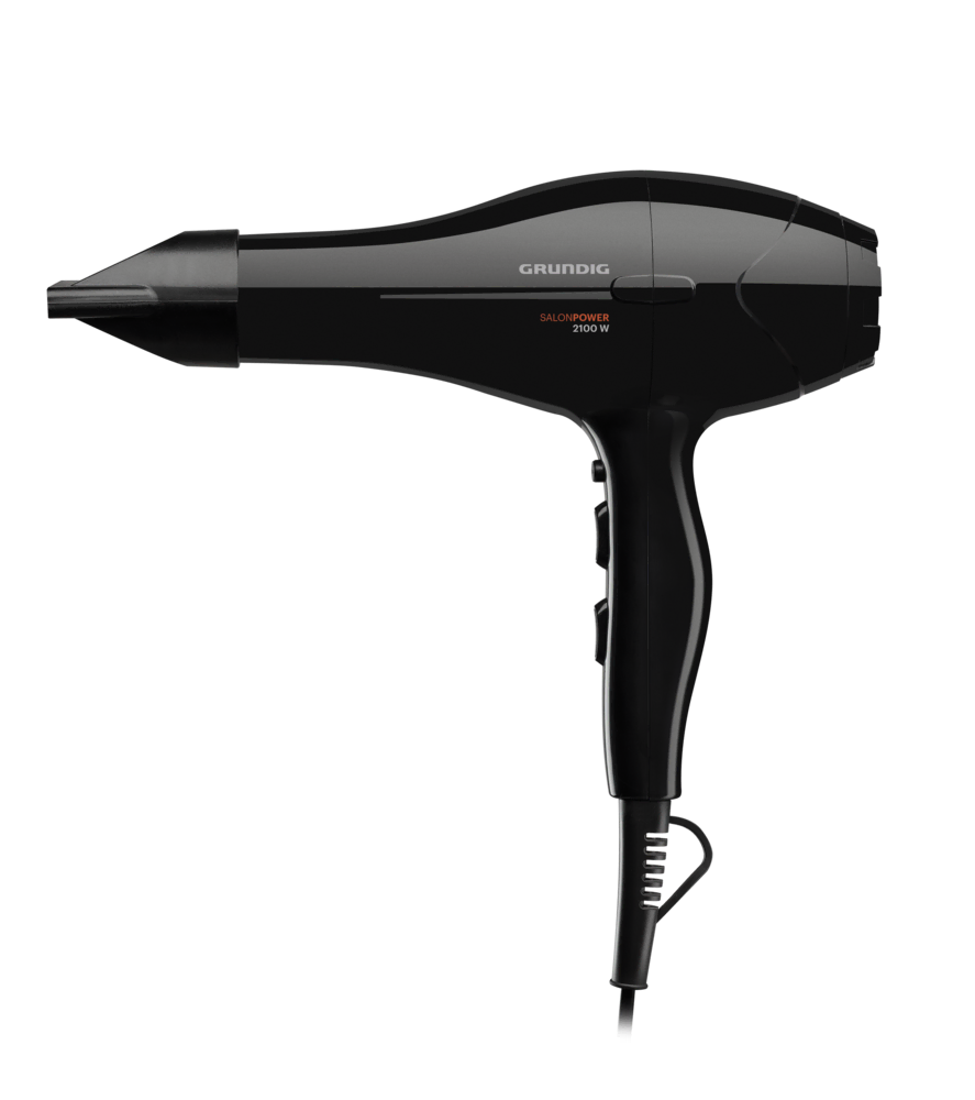 Siyah arka plan önünde siyah Grundig SalonPower 2100 W saç kurutma makinesi.