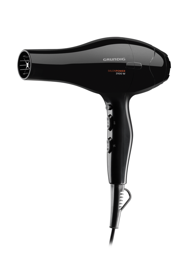 Siyah arkaplanda siyah Grundig SalonPower 2100 W saç kurutma makinesi.