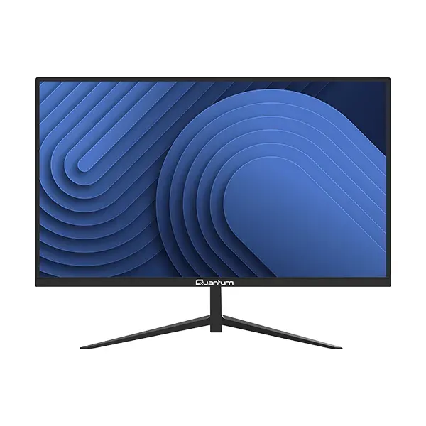 Ekranda mavi dalga deseni olan siyah bir Quantum monitör üç ayaklı bir kaide üzerinde duruyor.