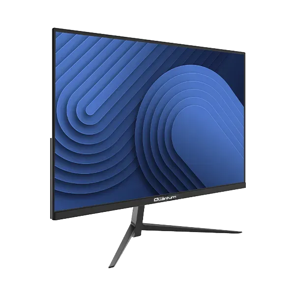 Stant üzerinde mavi dalga desenli arka plana sahip siyah bir Quantum monitör.