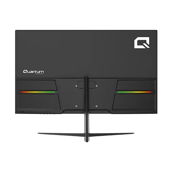 Quantum logosuna, standa ve renkli RGB şeritlere sahip siyah bir monitörün arkadan görünümü.