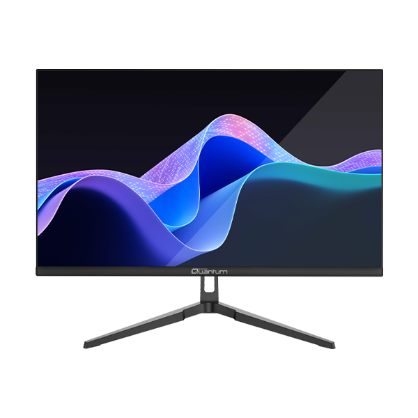 V şekilli bir stand üzerinde mavi ve mor dalgalı desen gösteren siyah bilgisayar monitörü.