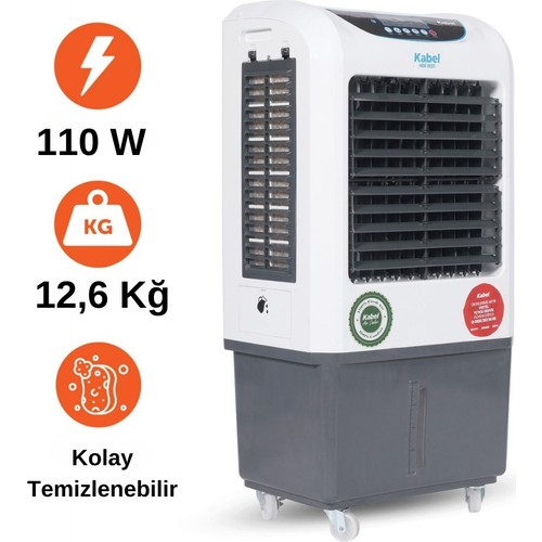 Tekerlekli ve kontrollü, 110W güçte, 12.6 kg ağırlığında beyaz ve gri taşınabilir hava soğutucu.