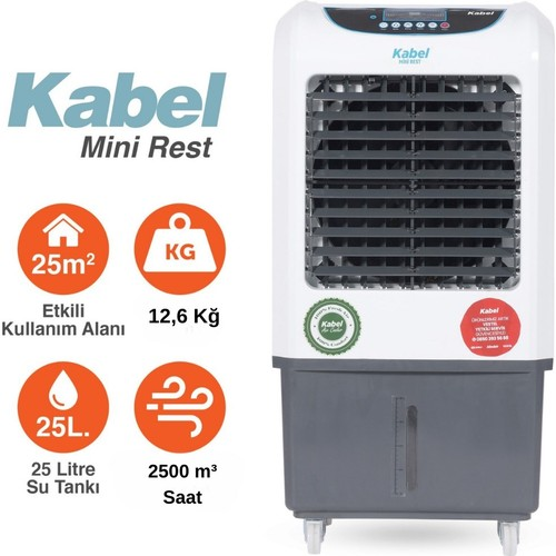 Sol tarafta ürün özellik ikonları bulunan beyaz ve gri Kabel Mini Rest hava soğutucu.