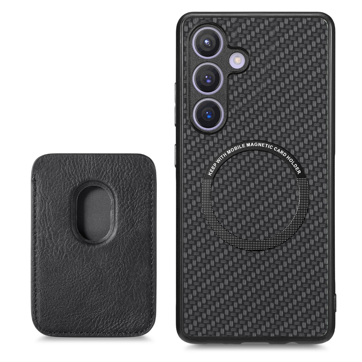 Eine schwarze Smartphone-Hülle in Karbonfaseroptik mit Magnetring und ein schwarzer Leder-Kartenhalter vor weißem Hintergrund.